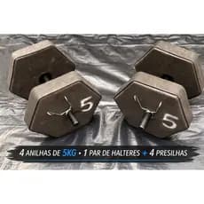 Kit Musculação 20kg Completo – 4 Anilhas 5kg + Par de Halteres + 4 Presilhas | Academia em Casa