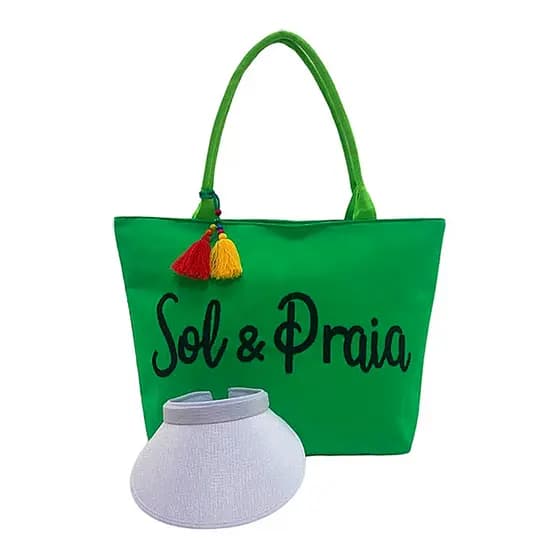 Kit Bolsa Feminina Verde Praia e Viseira Viagem Verão Piscina Resistente Lançamento