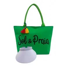 Kit Bolsa Feminina Verde Praia e Viseira Viagem Verão Piscina Resistente Lançamento