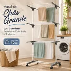 Varal de Chão Grande com 3 Andares, Prateleiras Dobráveis e Rodinhas suporte até 40kg - Clink