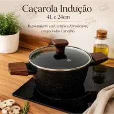 Caçarola Indução 4L e 24cm Resvetimento em Cerâmica Antiaderente tampa Vidro Carvalho