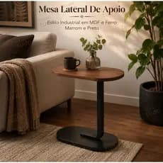 Mesa Lateral De Apoio Estilo Industrial em MDF e Ferro Marrom e Preto
