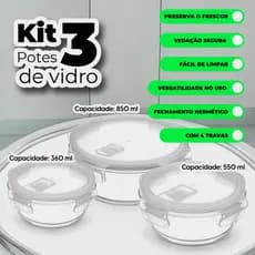 Conjunto 3 Potes Herméticos de Vidro Redondo 850ML 560ML 360ML