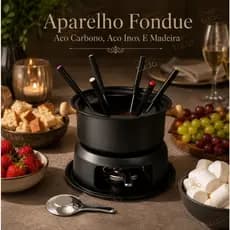 Aparelho de Fondue Completo 6 Pessoas Luxo Aço Carbono, Inox e Madeira Design Elegante Preto