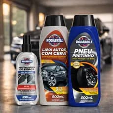 Kit Lavagem Automotiva Shampoo Com Cera + Cristalizador de Vidros e Pneu Pretinho Brilho Molhado Limpeza Completa Carro