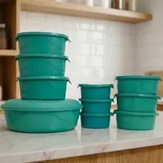 Kit 10 Potes Vasilha Verde Preto Vermelho Plástico Tampa Empilháveis Cozinha Resistentes Alimentos