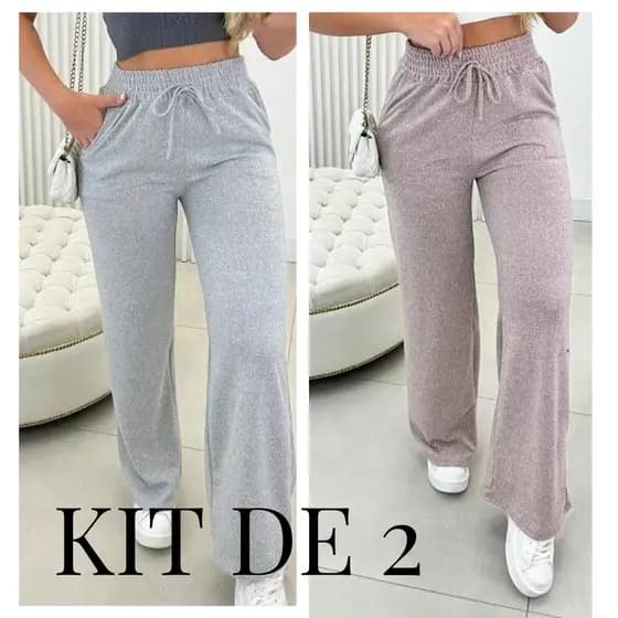 Calça pantalona de lazinho feminina cintura alta com bolso pra inverno