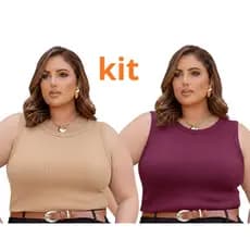 Kit 2 Regatas Femininas Plus Size Caneladas com Elastano Não Transparente