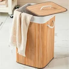 Cesto De Roupa Suja Bambu 70 Litros Lavanderia Com Tampa e Alças Forrado Grande Organizador Banheiro