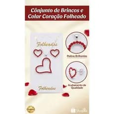 Conjunto Presente Brincos e Colar Feminino Cravejado Coração Luxuoso Especial Dia dos Namorados