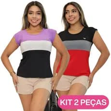 KIT 2 Blusas Listradas Básica Dia a Dia Viscolycra M G GG Tricolor Feminina Confortável