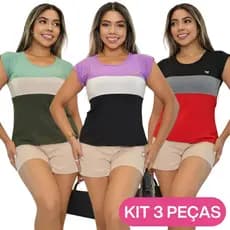 KIT 3 Blusas Básicas Listradas 3 Cores Feminina Tricolor Malha Fria Confortável Dia a Dia M ao GG
