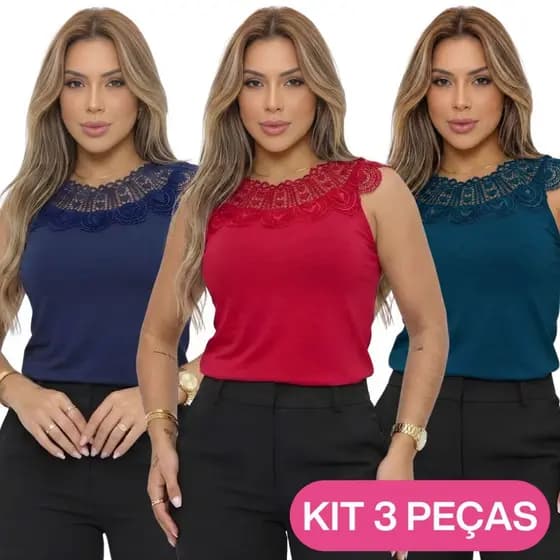 KIT 3 Blusinhas de Renda Regata Confortável Feminina Cores Sortidas Dia a Dia