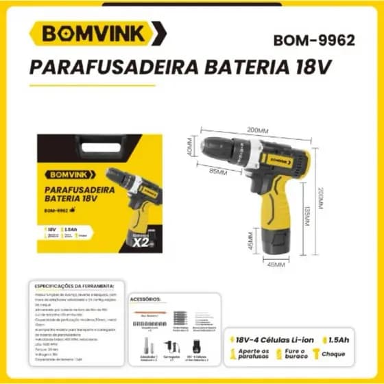 Parafusadeira a Bateria 18V BOMVINK – Modelo BOM-9962