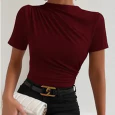 Blusa Feminina slim camisa gola alta / detalhes  plissado feminino elegante
