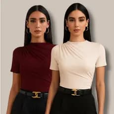 Kit 2 camiseta slim feminina  com gola alta / detalhes  plissado elegante