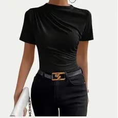 Blusa Feminina Slim Camisa Gola Alta Feminino Elegante Detalhes Plissado Camiseta Tshirt