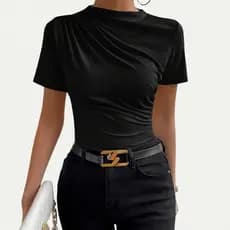 Blusa Feminina Estilosa Casual Plissada Camisa Gola Alta Feminino Elegante Formal Festa Verão