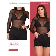 Body Feminino Tule Luxo Manga Longa Blusa Feminina Festa Balada Casual