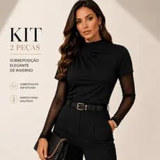 Kit Blusa Feminina Gola Alta Plissada com Body Tule Manga Longa Segunda Pele Estilosa Blusa de Frio