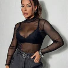Blusa Feminina Body Feminino Tule Luxo Transparente Manga Longa Influencer Balada Festa