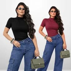 Kit c/ 2 Camiseta Slim Feminina Blusa Gola Alta Plissada Elegante TShirt Baby Tee