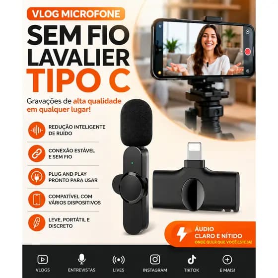 KIT 2 Microfones Lapela Wireless Sem Fio K9 Vlog Tipo-C ou Iphone