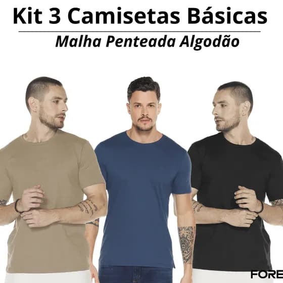 Kit 3 Camisetas Masculinas Lisa Básica 100% Algodão Gola Redonda P M G GG 505253-K3