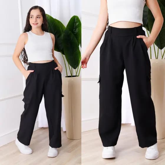 Calça Cargo Pantalona Juvenil Preto, Bege, Fúcsia, Azul, Verde Militar no tecido de Alfaiataria 10 12 14 16