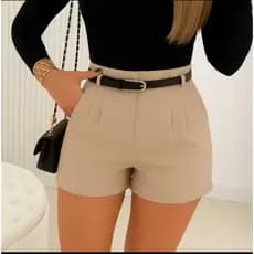 short feminina  alfaiataria lizo com cinto zíper lateral bolsos laterais