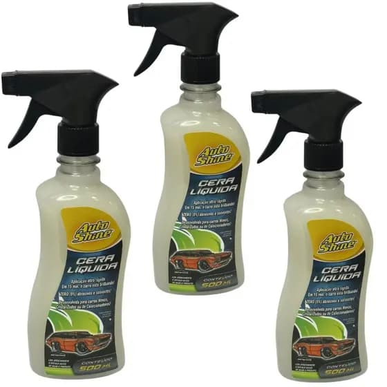 3 Unidades Cera Liquida 500ML Autoshine - Canauba Spray Brilho Proteção Limpeza Estetica Automotiva