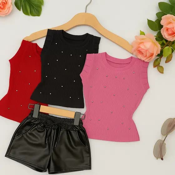 KIT 3 Blusinhas Infantil Menina e 1 Shortinho Courino Cirrê