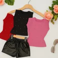 KIT 3 Blusinhas Infantil Menina e 1 Shortinho Courino Cirrê