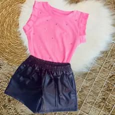 Conjunto Infantil Menina Shorts Couro Cirre e Blusa Feminina Juvenil Luxo