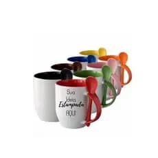 Caneca de Cerâmica com colher _ Alça e interior colorido