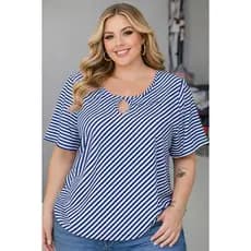 Blusa Plus Size Feminina Listrada Azul e Branco Manga Curta Decote Gota Casual Elegante Confortável