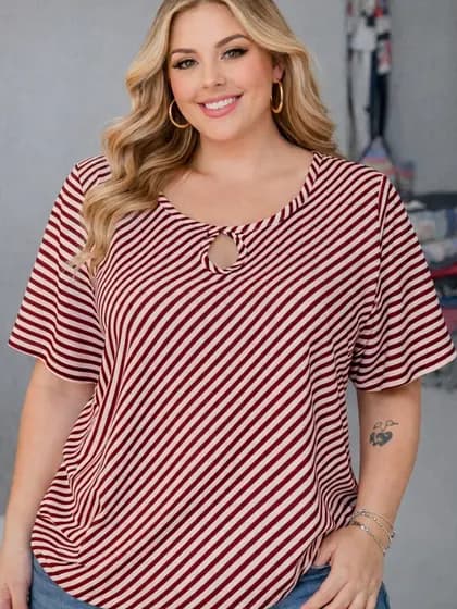 Blusa Soltinha Plus Size Feminina Listrada Manga Curta Decote Gota Casual Confortável Moda 2026