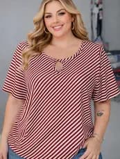 Blusa Soltinha Plus Size Feminina Listrada Manga Curta Decote Gota Casual Confortável Moda 2026
