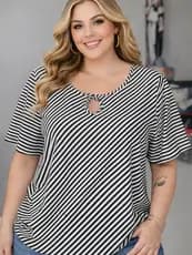 Blusa Feminina Plus Size Listrada Manga Curta Soltinha Decote Gota Casual Confortável Moda 2026