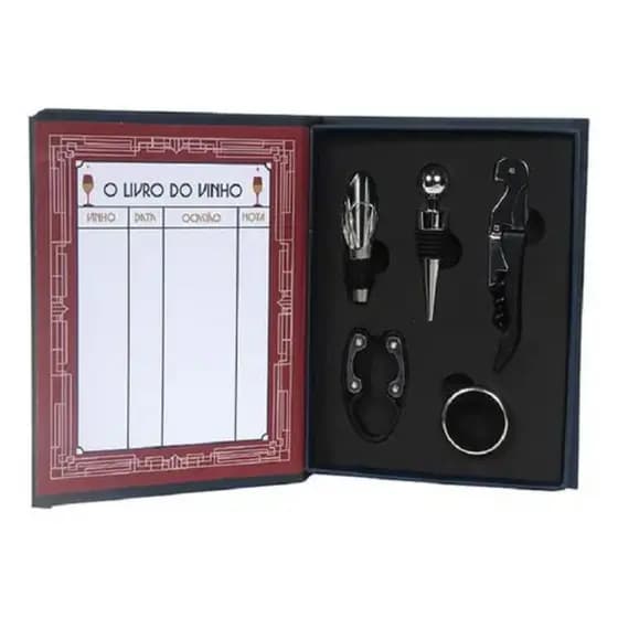 Kit Acessorios Para Vinho Com Abridor Tampa Anel Corta Gotas Presente Livro Caixa
