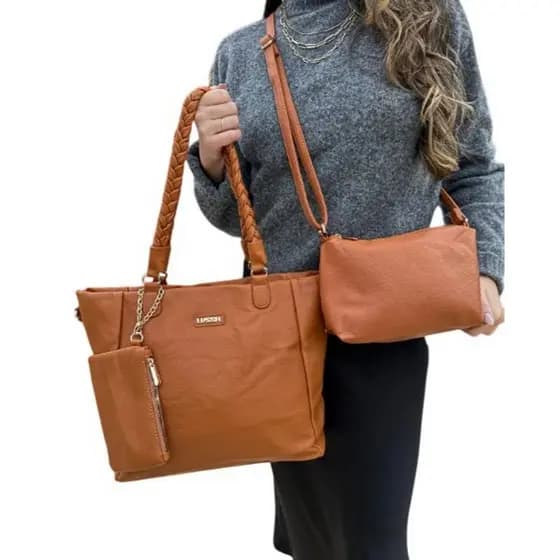 Kit 3 Bolsas Feminina Com Alça Trançada - Caramelo