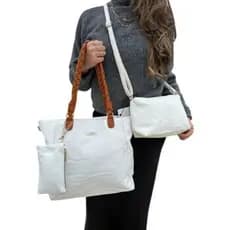 Kit 3 Peças Bolsa Feminina Branco com Alça Caramelo