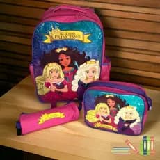 Kit Mochila Escolar Com Lancheira Térmica e Estojo Conjunto Infantil 3 peças Princesas Rosa/Roxo