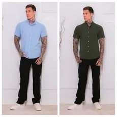 kit 2 Camisa Social Masculina Gola Padre de Luxo Com Manga Curta Slim Fit Linho e Viscose Tecido Premium