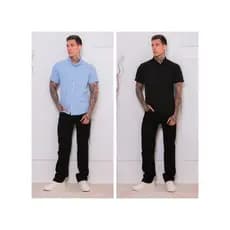 kit 2 Camisa Social Masculina Gola Padre de Luxo Com Manga Curta Slim Fit Linho e Viscose Tecido Premium