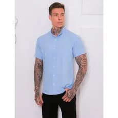 Camisa Social Masculina Slim Fit Gola Padre Manga Curta Aspecto de Linho