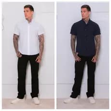 kit2 Camisa Social Masculina Gola Padre de Luxo Com Manga Curta Slim Fit Linho e Viscose Tecido Premium