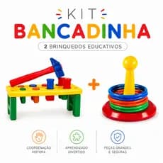 Kit Brinquedos Educativos Bancadinha c/ Martelo + Boa Mira c/ Argolas