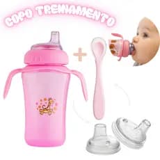 Copo de Treinamento Infantil Antivazamento + Refil com 2 Bicos + Colher de Silicone