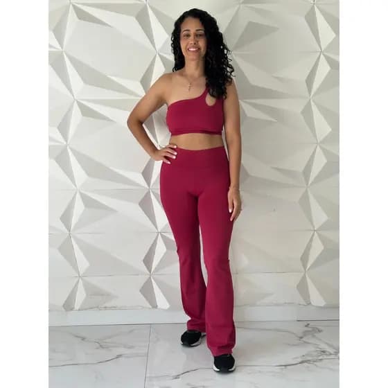Conjunto Feminino Calça Flare Top básico ou um ombro Treino Academia Poliamida Média Compressão
